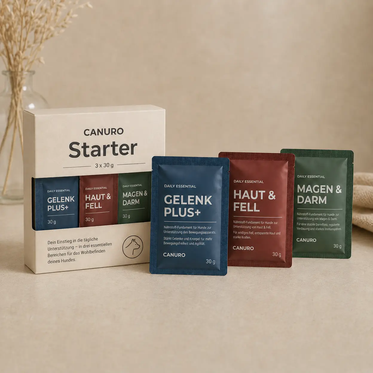 CANURO Starter-Set mit drei Sachets: Gelenk Plus+, Haut & Fell, Magen & Darm
